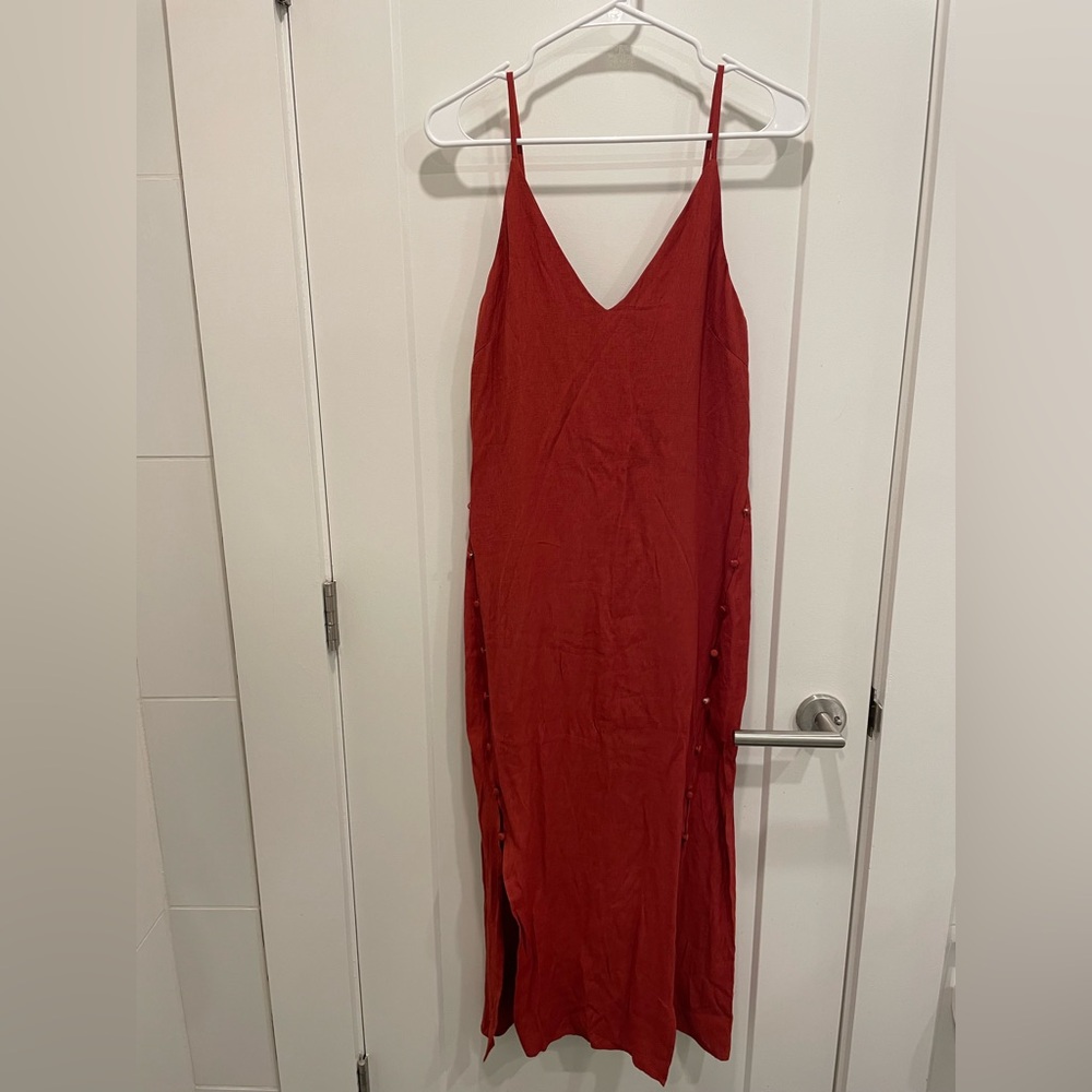 Women's Red Slip Midi Dress with Side Button Detail
